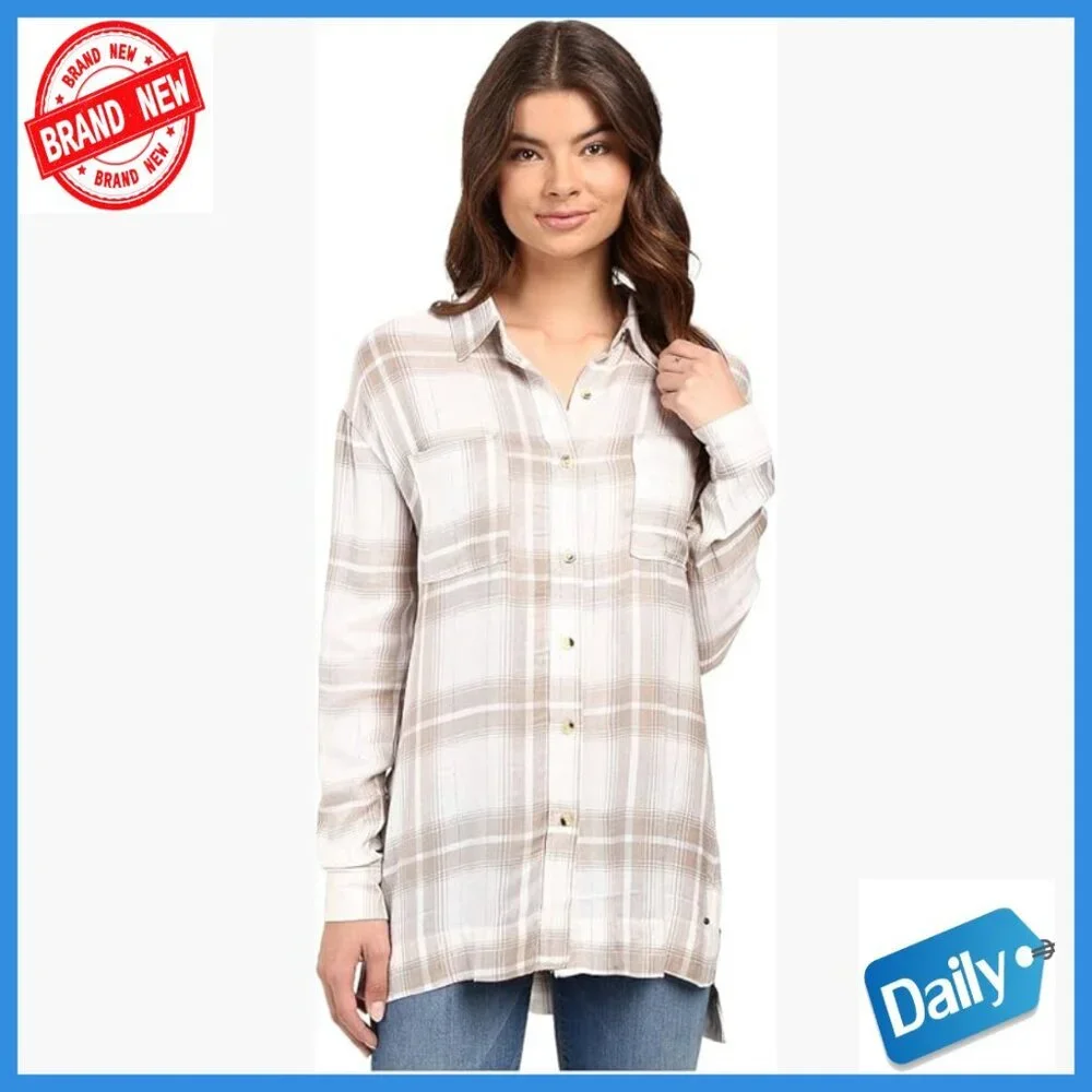 Long Sleeve Plaid Button Down Blouse Regular Fit Viscose Side Slits